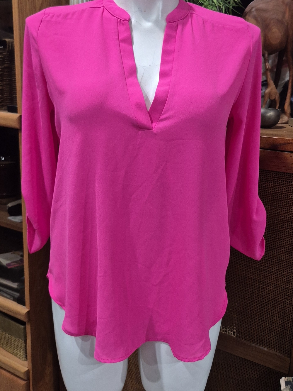 Women’s Split-Neck Blouse in Bright Pink